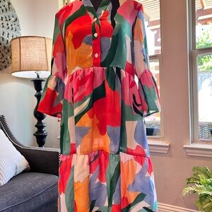 Chetta B Multi-Color Abstract Tiered Midi Dress